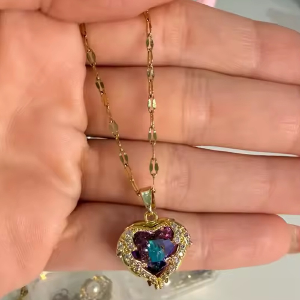 Gold Heart Pendant Necklace with Purple & Teal Crystal 17inches